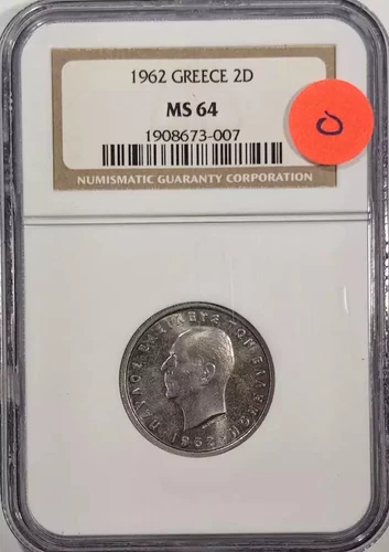 1962 GREECE 2 DRACHMA NGC MS-64