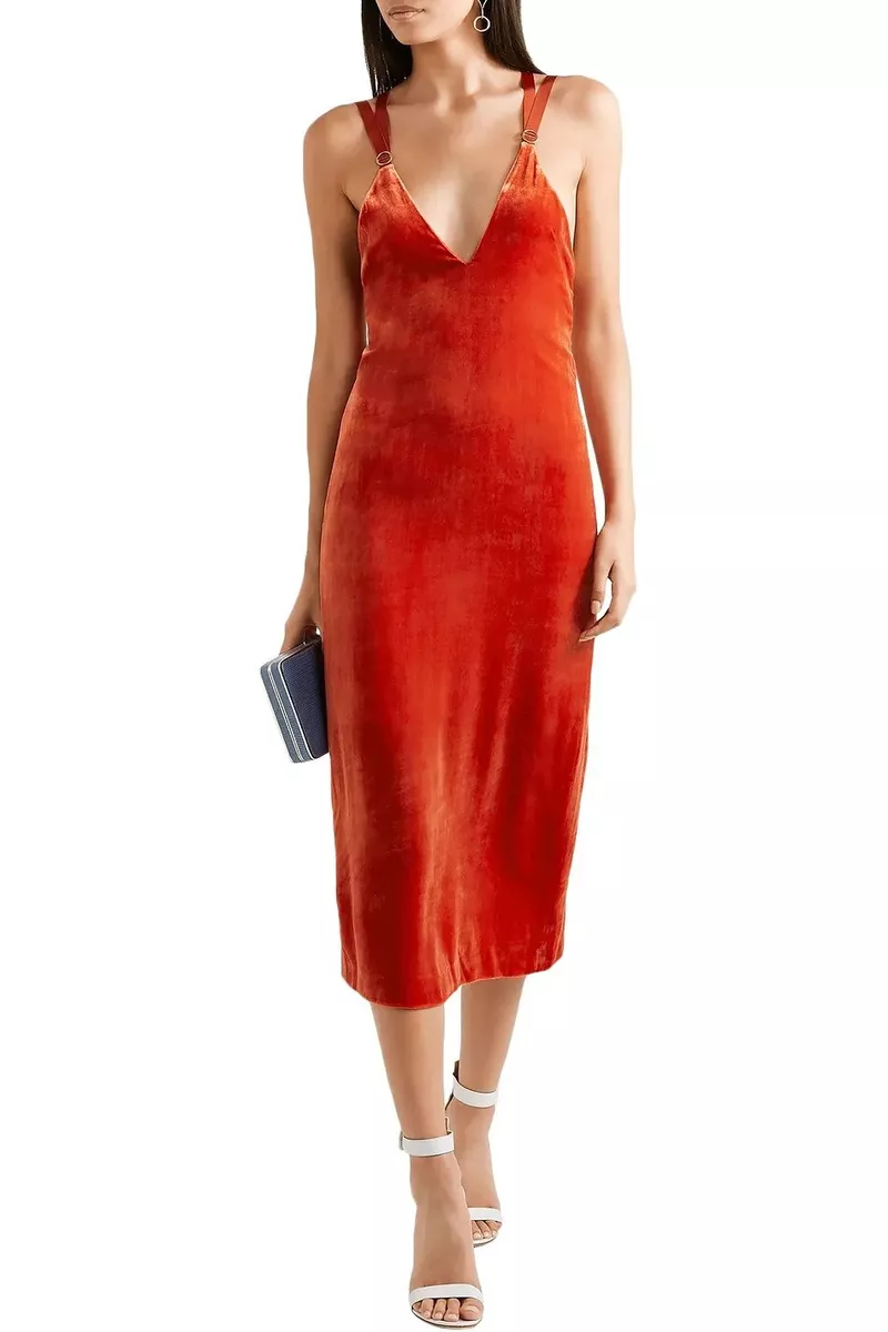Dion Lee Dress Orange Velvet Mesh Straps V Neck Plunge Midi Slip