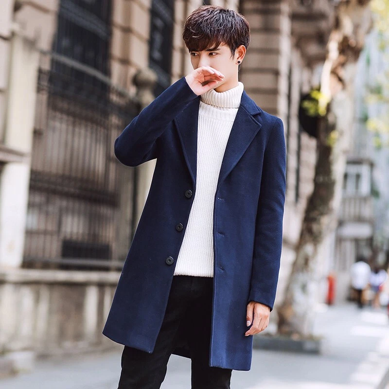 rook Dader Niet genoeg Korean Men&#039;s Fashion Wool Blend Long Trench Coat Outwear Slim Fit  Overcoat Size | eBay