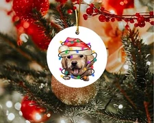 Baby Gold Retriever Dog Lover Santa Hat Picture on Ceramic Christmas Ornament