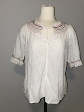 Madewell White Tie Neck Short Sleeve Shirt W/Speckles and Embroidery, Size XXS