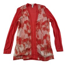 CHICO'S Size S Coral Open Front Cardigan Long Sleeve Semi Sheer Knit Pockets