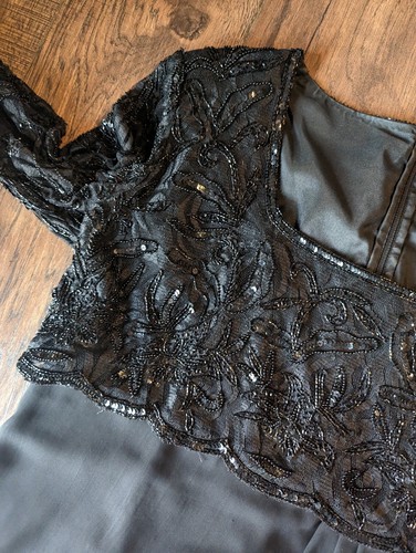 Unbranded Womans Formal Black Sheath Dress Beaded Top & Sleeves Chiffon Skirt XL - Picture 9 of 17