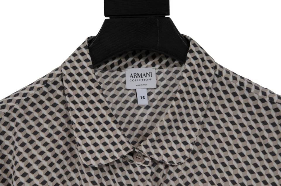 Armani Collezioni Mens Geometric Print Button Down Shirt US 16 Beige Brown Silk - Image 4 of 4