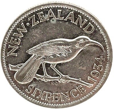 1934  New Zealand  Silver Six Pence Km#2.