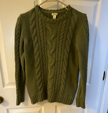 L.L.Bean Women s Green Cable-Knit Crew Neck Pullover Sweater, Long Sleeve M