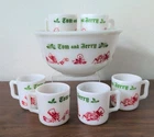 Vintage Tom and Jerry Christmas Glass 7 Piece Punch Eggnog Bowl Set Hazel Atlas