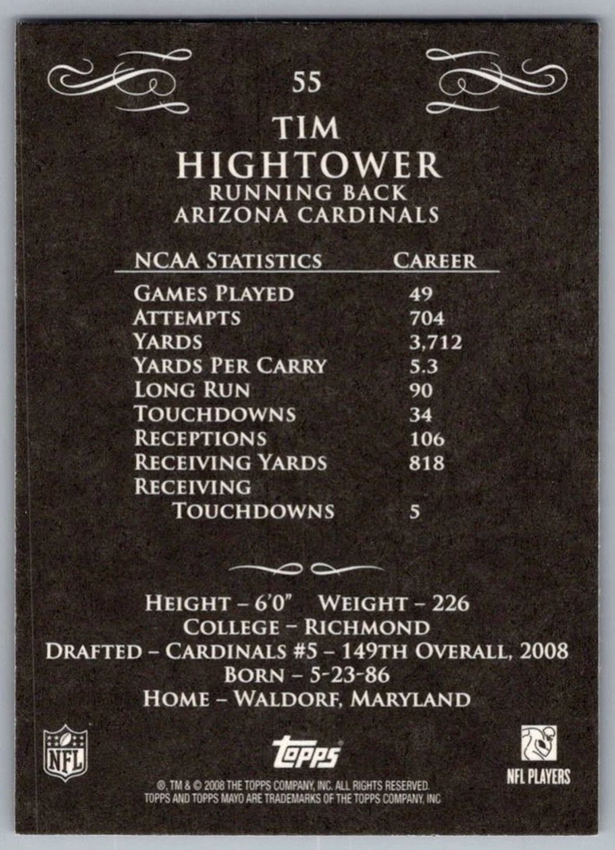 2008 Topps Mayo Tim Hightower Rookie Arizona Cardinals #55 - Image 2 of 2