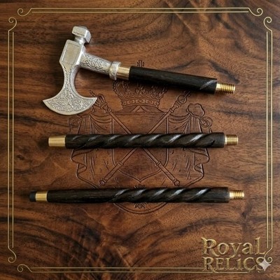 Victorian Walking Cane with a Viking Axe Designer Handle ,3-Fold, Twisted Black.