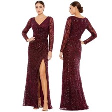 Mac Duggal NWT Long Sleeve Ruched Sequined Embroidered V-Neck Gown Garnet Size 8