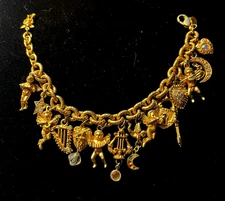 Kirks Folly Cherubs Hearts & Harps 15-Charm Bracelet Gold Tone 8” Vintage