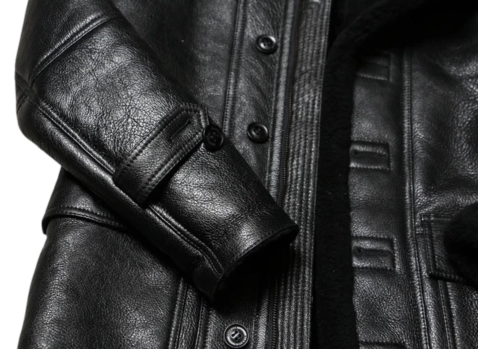 Men's Leather Sheepskin Duffle Coat Black / Black Fur Hooded 100% Shearling Ivar - Image 2 of 4