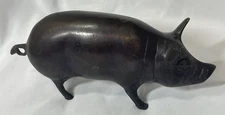 Vintage Bronze Metal Pig, Heavy Small Statue Natural Patina 7x3.75in