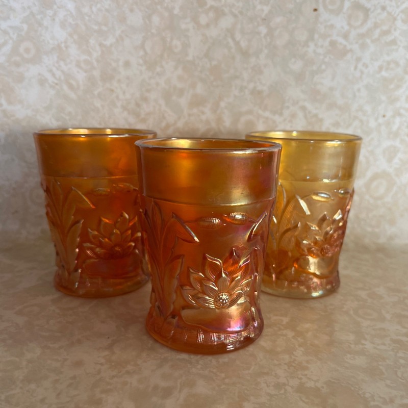 VINTAGE FENTON CARNIVAL GLASS TUMBLER CATTAILS AND WATER LILIES Lot Of 3 (16MEC)