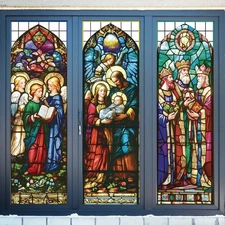3Pcs Large 35 Inch Christmas Nativity Stained Glass Window Clings Nativity Sc...