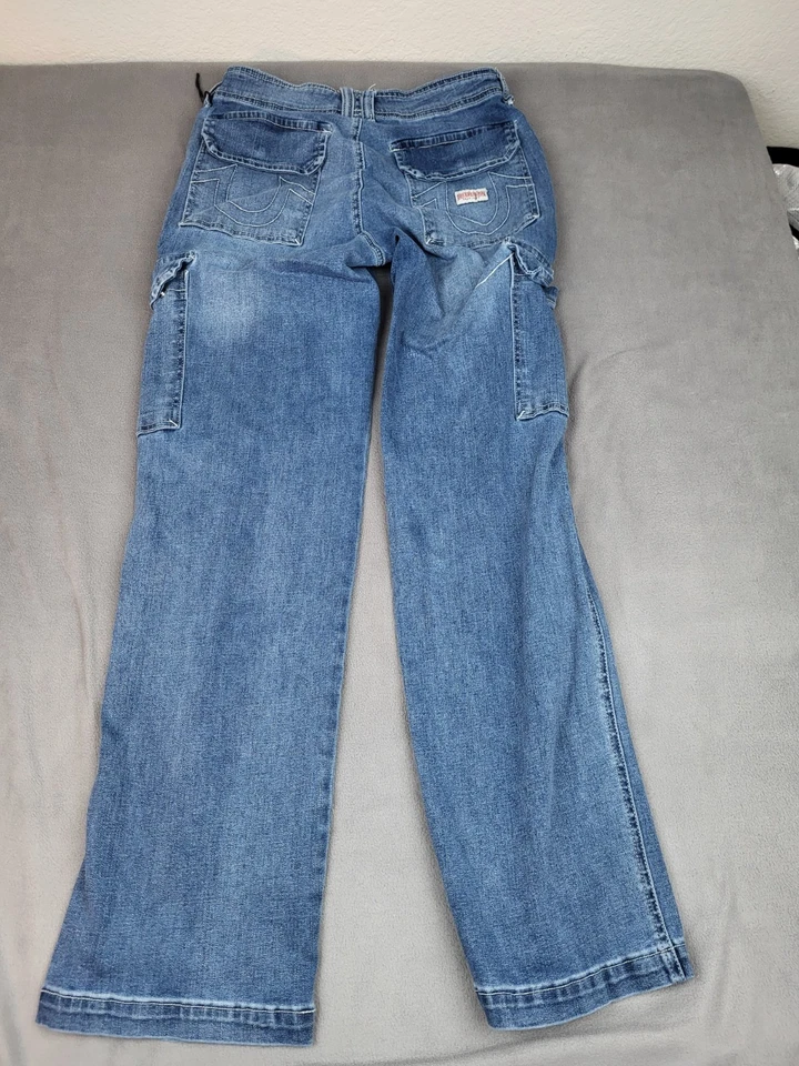 True Religion Cargo Straight Jeans Womens 26 Blue Baggy Loose Faded Whiskered - Image 4 of 4
