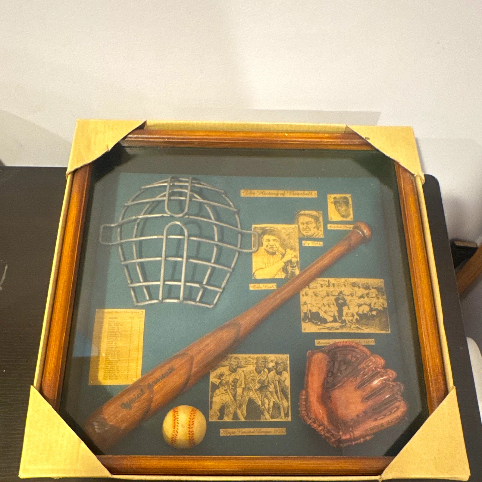 Vintage Baseball Framed Shadow Box. Original Cardboard Box