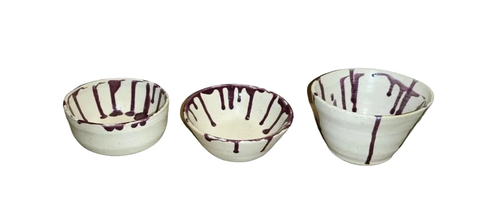 НАБОР из 3 ручной работы ручной росписи бежевый капель фиолетовый керамические чаши подписанный художник - Изображение 2 из 4