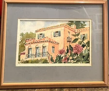 Bird Burns Watercolor paint art house flowers  size 15”x12” w frame Has Foxing