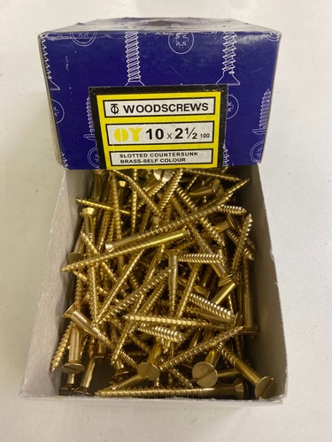 Box Brass Countersunk Screws 2 1/2" x 10 Solid Slotted Head Full Box of 100 - Picture 7 of 24