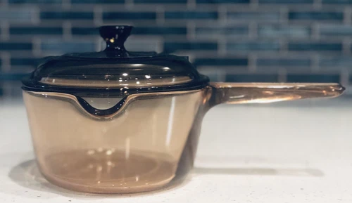 VINTAGE Corning Pyrex Vision Ware 1 L Amber Glass Pot Sauce Pan with Lid U.S.A