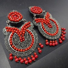 GRANDES PENDIENTES CUENTAS CORAL FILIGRANA PLATA ESTERLINA FEDERICO JIMENEZ ESTILO ESPAÑOL