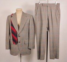 Mens VTG 70s 2 PC Grey Red Plaid Fine Wool Suit W Tie Sz M 1970s