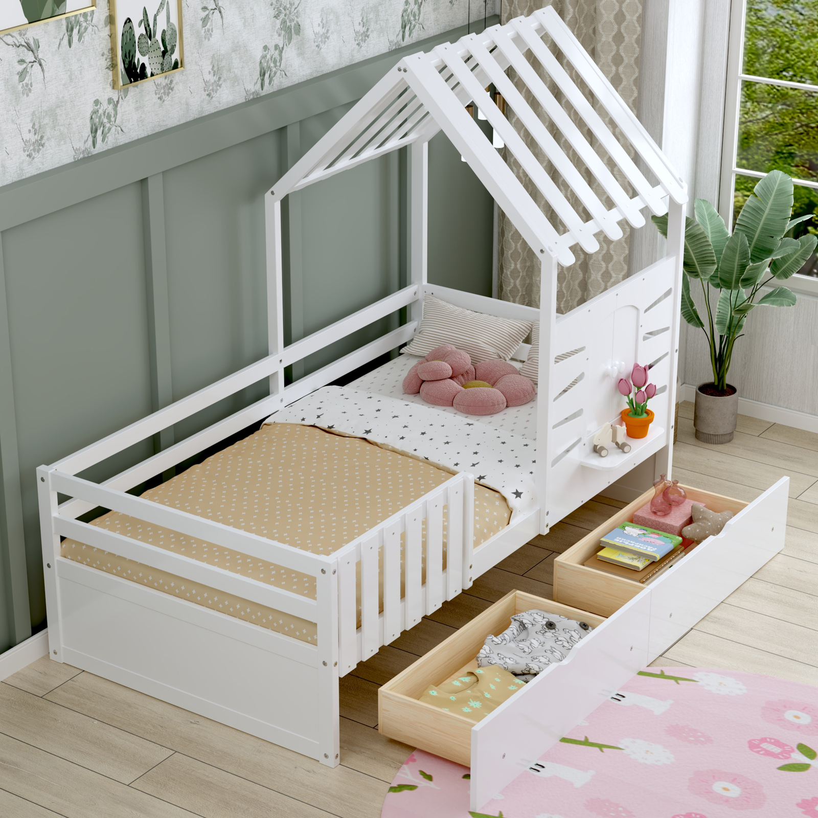 Twin Size Kids House Bed Frame with 2 Storage Drawers & Safety Guardrails