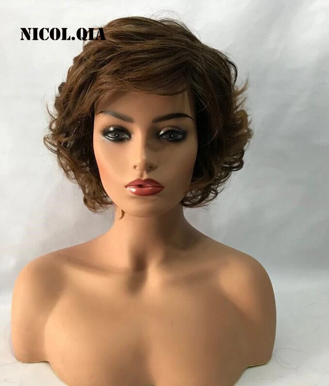 Elegante Pelucas de Cabello Corto Rizado Marrón Claro Sintético Mujeres Natural Ondulado Diario Foto 2 de 4