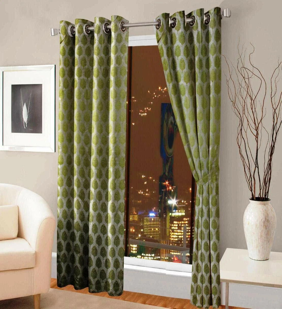 New 2 Piece Eyelet Long Crush Door Curtain Set - 9 feet Green