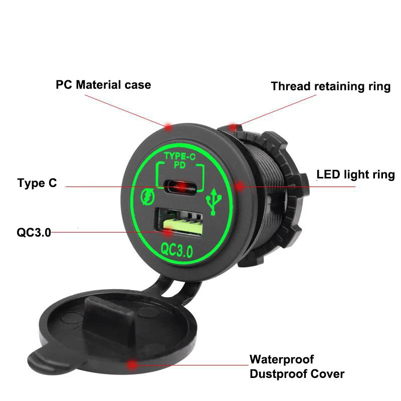 Enchufe encendedor de cigarrillos de coche 12 V PD tipo C QC3.0 USB cargador rápido adaptador de corriente Foto 3 de 4