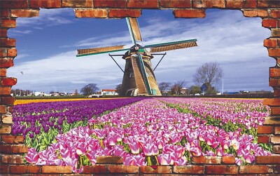 Tulpen Natur Windmühle Niederlande 3D Wandsticker Poster Aufkleber Wandbild Zimmer Z220