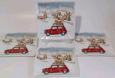 Maxcera 8  Square Christmas Salad / Dessert Plates w/ Vintage Red Car Set of 4