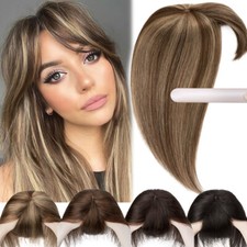 Clip In Top Real Remy Human Hair Topper Hairpiece Toupee with Bangs Silk Base