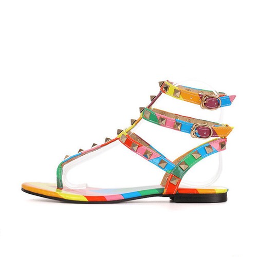 Strappy Sandals Studded Flats Rainbow Flip Flops Crossdresser Beach Summer Shoes - Picture 27 of 34