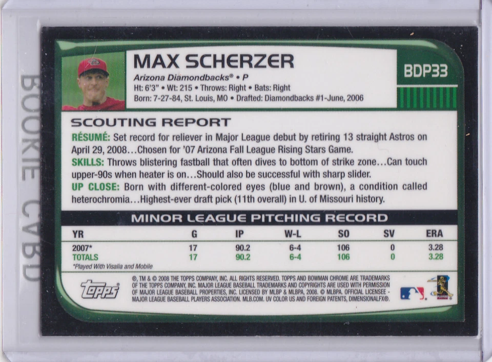 MAX SCHERZER ROOKIE CARD 2008 Bowman Chrome BASEBALL RC D-Backs Tigers Nationals - Image 2 of 2