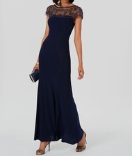 R&M Richards Women Blue Illusion Beaded Trim High Neck A-Line Dress Size 14