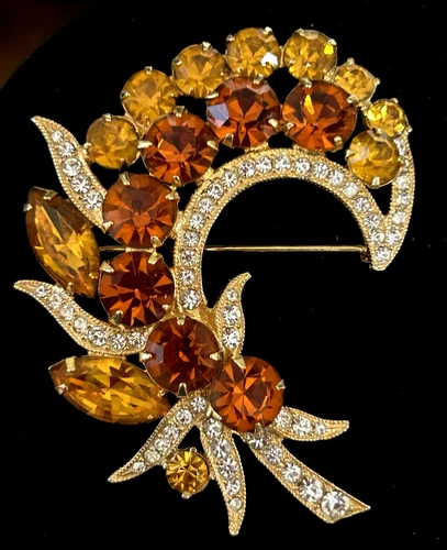 Vintage Eisenberg Ice Brooch Amber and Clear Rhinestones set in Goldtone Signed