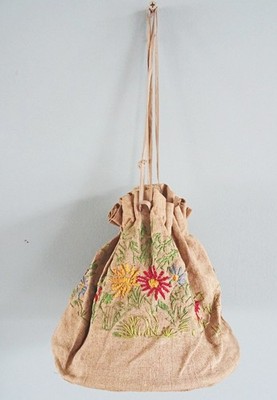 Antike viktorianische Tasche Handtasche Absehen bestickt Leinen Blumen rustikal Damen 1890