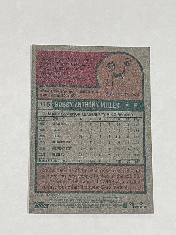 2024 Topps Heritage Mini Baseball #116 - Bobby Miller - Los Angeles Dodgers - Image 2 of 2