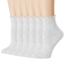 6 Pairs Women Ruffle Socks TurnCuff Casual Ankle Cotton Knit White Frilly