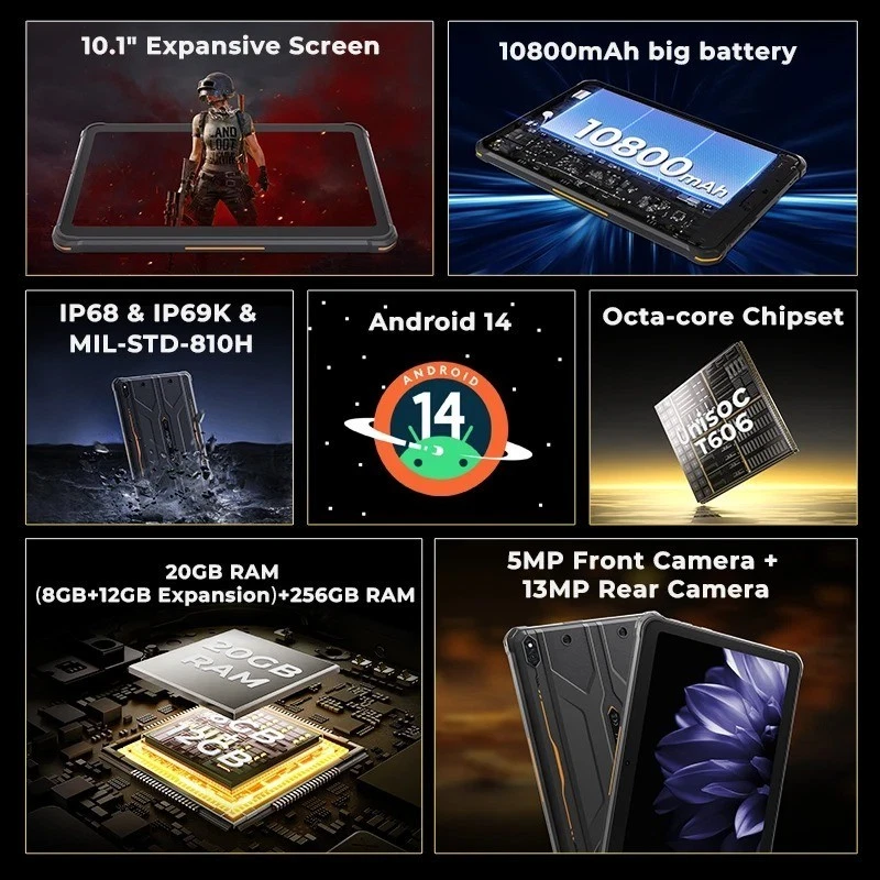 HOTWAV R10 Pro Robust Tablet 20GB+256GB 10800mAh Android 14 Pad 13MP+5MP Kamera - Bild 3 von 4