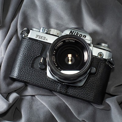 For Nikon FM3A Case Handmade Real Leather Half Camera Case Bag Cover Black