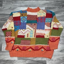 Vintage Patchwork Sweater Womens Large Hippie BOHO Handmade Multicolor 90s