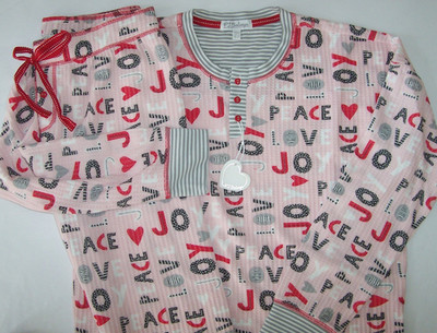 NWT PJ Salvage Pink/Red PEACE LOVE JOY Thermal Knit Pajama/Lounge Set Women's L