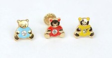 14k Yellow Gold Baby Enamel CZ Teddy Bear earrings, Screw Back