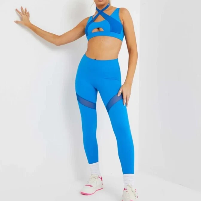 Cross Strap Gym Top & Mesh Panel Gym Leggings Combo In Blue