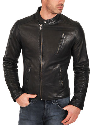 HERREN CLUB SCHWARZE ECHT LEDER JACKE VINTAGE SLIM FIT CAFE RACER