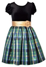 NWT Bonnie Jean Girls 5 Black Velvet Green Gold Plaid Christmas Holiday Dress