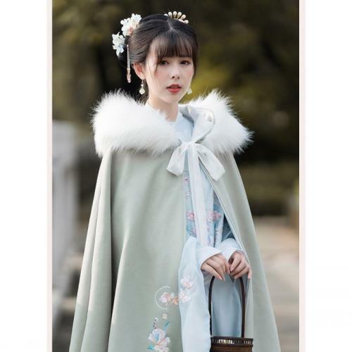 Womens Vintage Style Embroidered Faux Fur Hooded Cape Coat Winter Cloak  Jacket L